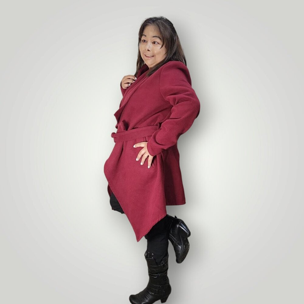 Revamped Red Wrap Style Trench Coat Wide Collar Waterfall Lapel Women's Medium - Picture 4 of 8